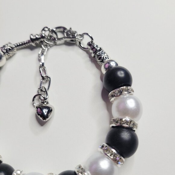 NWT Pandora Style Charm Bracelet Big Black And White Tuxedo Rhinestones Med - Lg - Picture 4 of 6